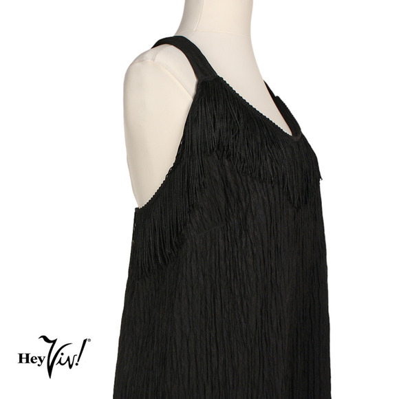 Vintage Black Sheath Dress Sleeveless Fringed Cocktail Plus Size XXL - Hey Viv - Picture 7 of 8